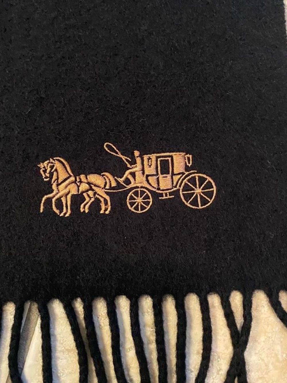 Coach Black Scarf with Gold Carriage Logo and Fringe - Picture 6 of 8